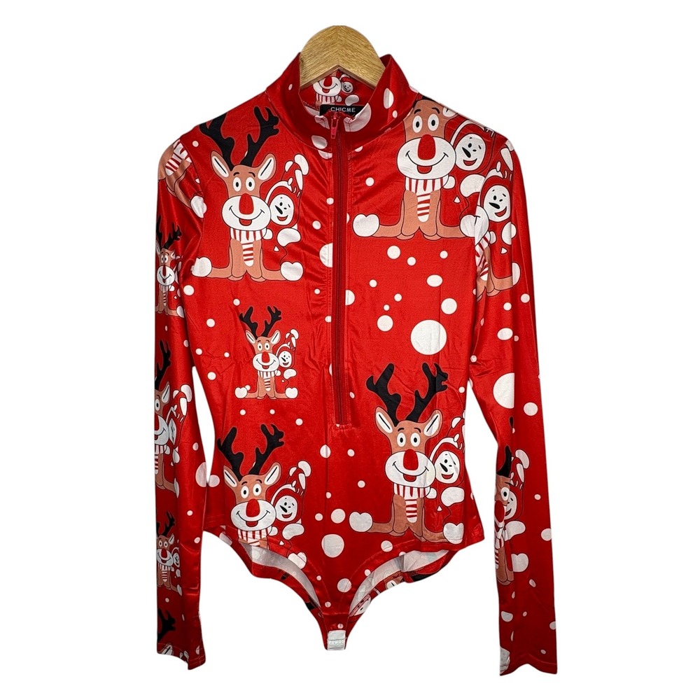 ChicMe Christmas‎ Reindeer Snowman Print Zipper Long Sleeve Bodysuit Women Large